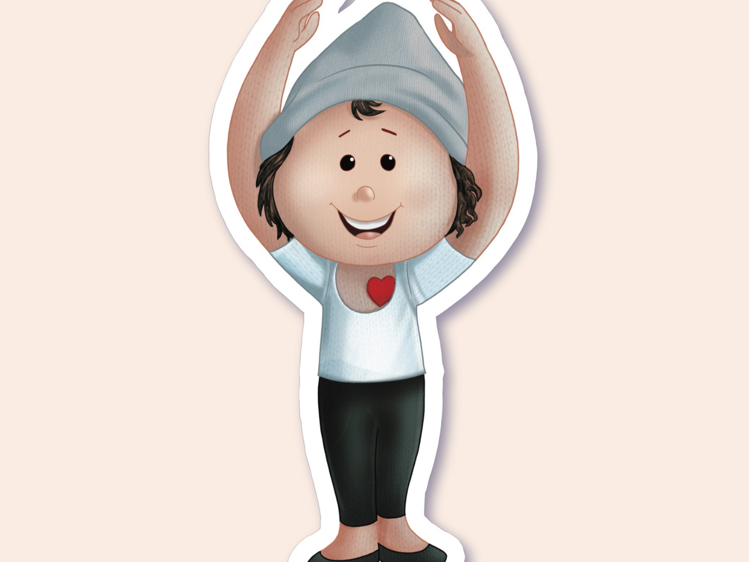 A sticker of a boy in a ballet pose wearing a blue beanie, a white shirt with a red heart, and black leggings.