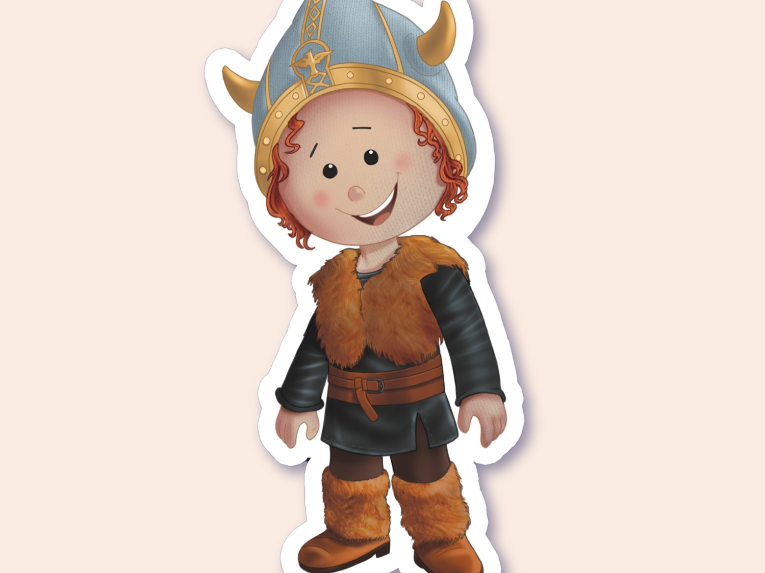 A sticker of a boy dressed as a Viking, complete with a horned helmet and a brown fur-trimmed tunic, smiling warmly.