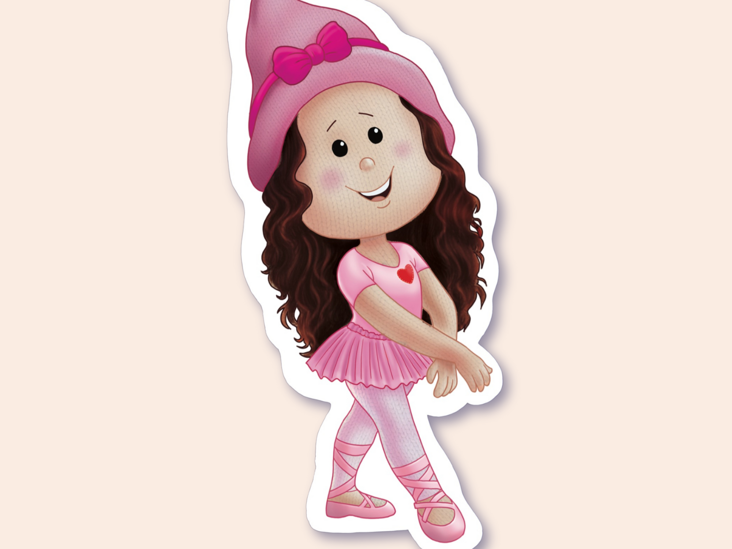 A sticker of a girl in a pink ballet costume, complete with ballet shoes, a tutu, and a bow on her pink hat.