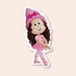 A sticker of a girl in a pink ballet costume, complete with ballet shoes, a tutu, and a bow on her pink hat.