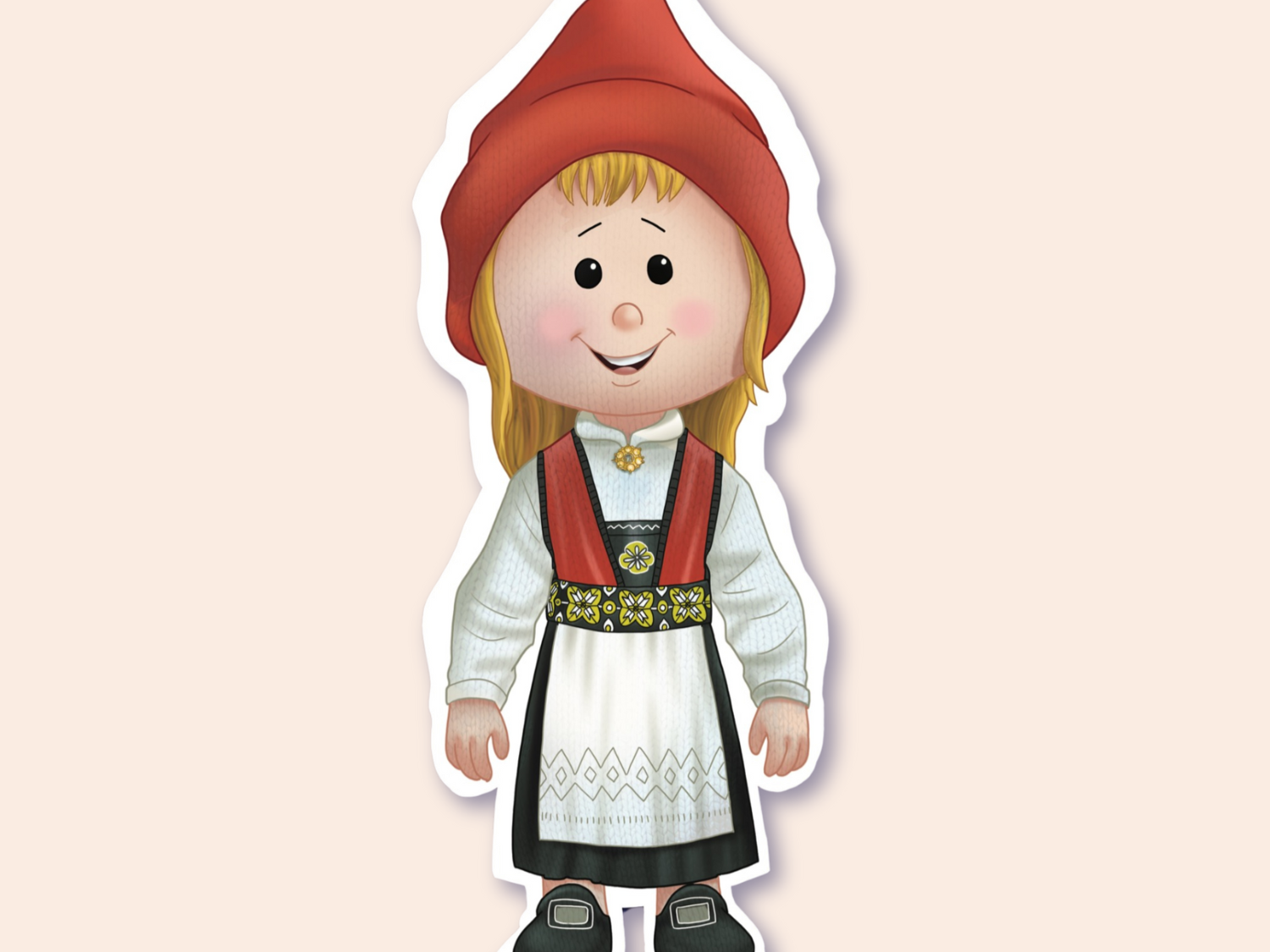 A sticker of a girl wearing a traditional Norwegian bunad, featuring a white dress with a decorative apron and a red hat.