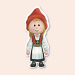 A sticker of a girl wearing a traditional Norwegian bunad, featuring a white dress with a decorative apron and a red hat.