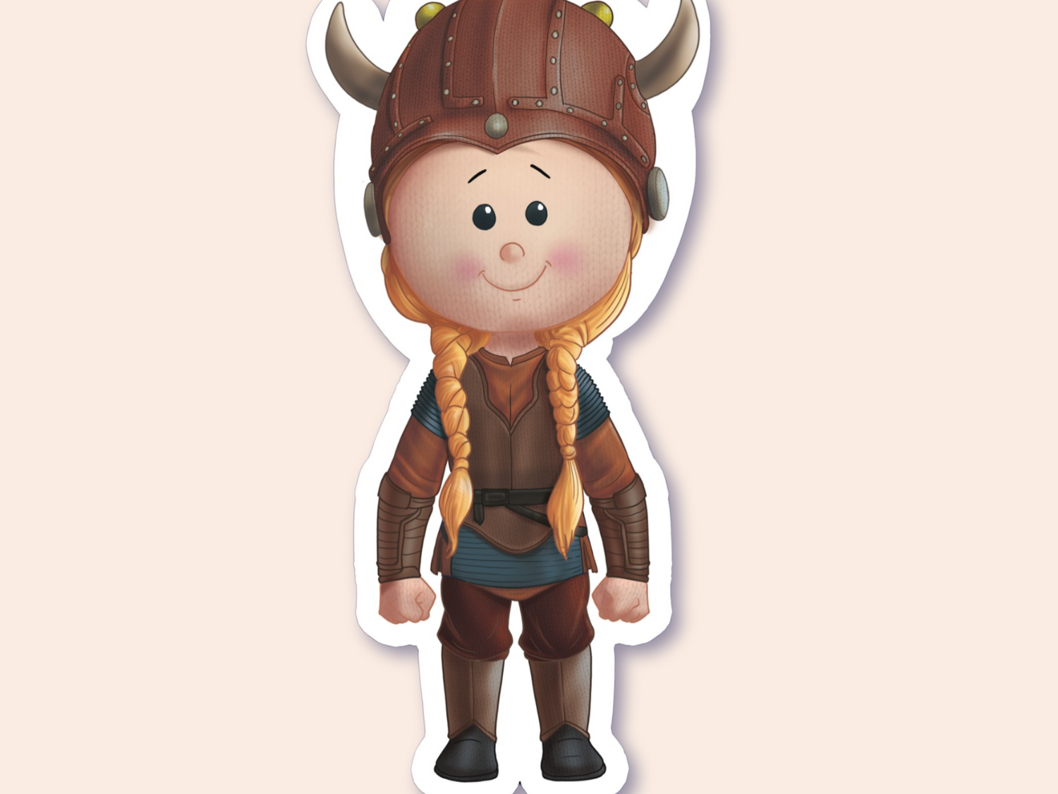 A sticker of a girl dressed as a shieldmaiden in Viking attire, complete with a brown helmet adorned with horns.