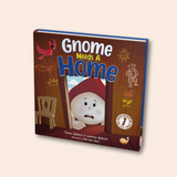 An image of a children's book titled "Gnome Needs A Home" from The Uff Da Sisters, part of the Gnome Adventures series. The cover features a worried-looking gnome peeking out from a wooden door, with whimsical drawings such as a bird and doodles of a sun and a gnome on the door. The authors' names, Teresa Bjelland & Lavonne Bjelland, are displayed at the bottom, with an illustration credit to Ramesh Ram. There's a badge on the bottom right indicating that it is book 1 in a series.