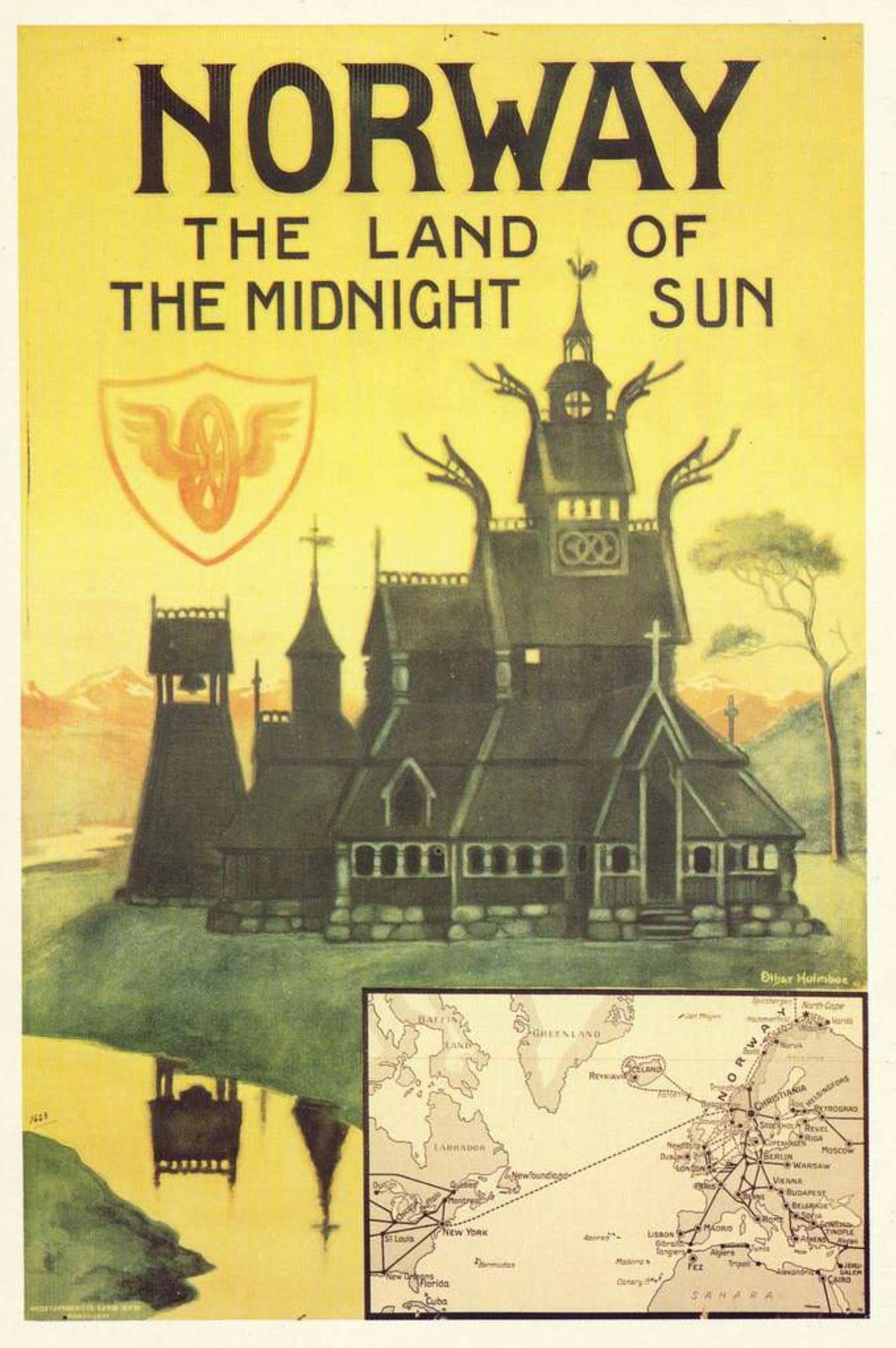 Norway - Land of the Midnight Sun.  Vintage tourism poster from 1905 produced by NSB (Norwegian Railways.)