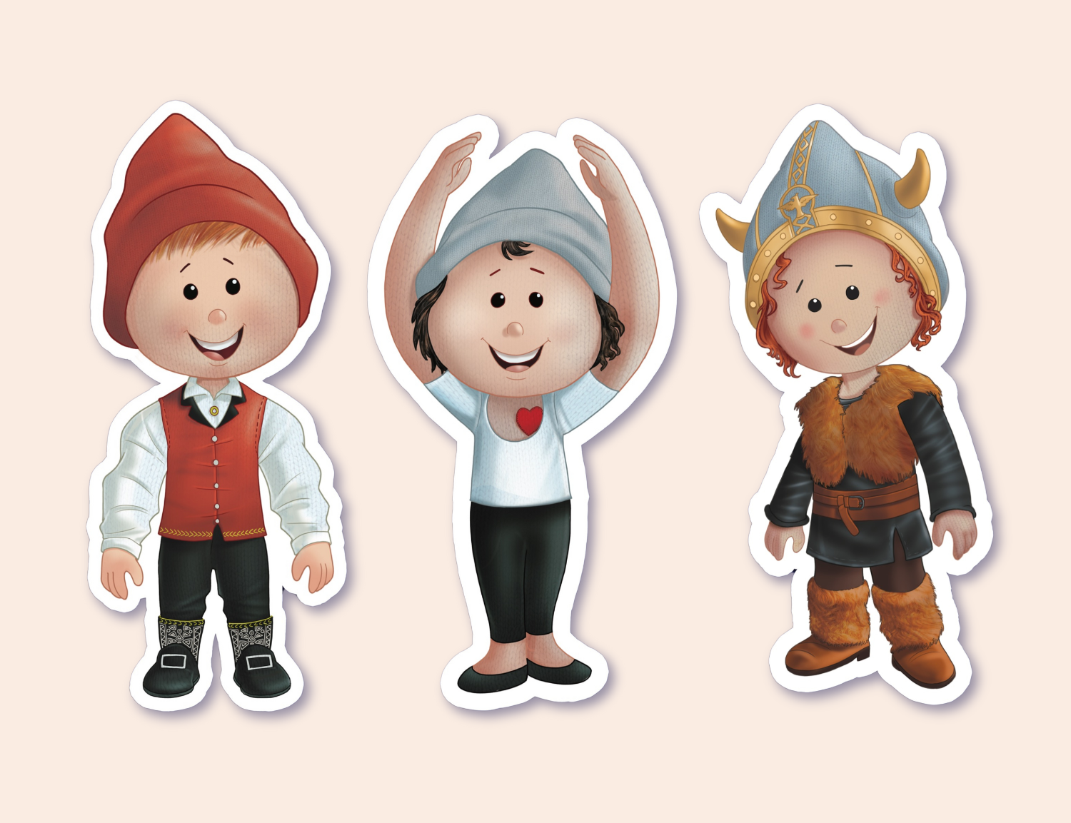A set of three children's stickers featuring boy gnomes in different costumes: one in a traditional Norwegian bunad with a red hat, another in a Viking outfit with a horned helmet, and the last in a ballet pose wearing a blue beanie and a shirt with a red heart. Each sticker is outlined to show it's a peelable sticker.