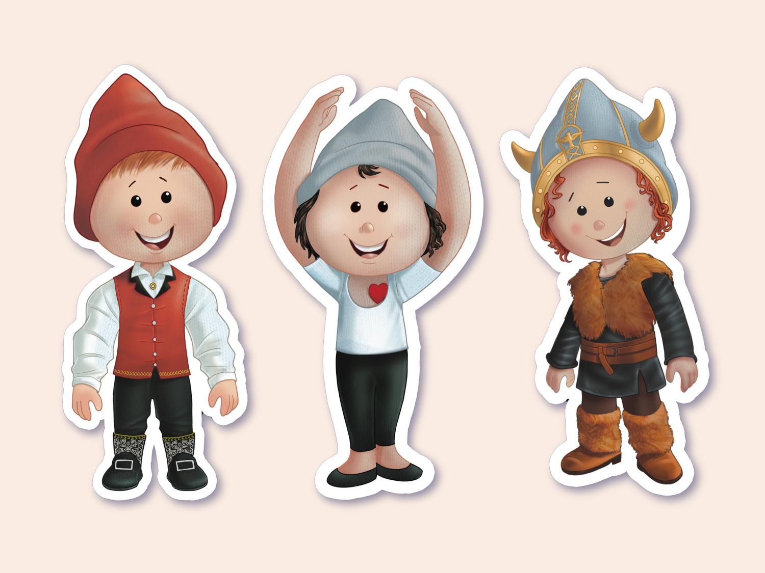 A set of three children's stickers featuring boy gnomes in different costumes: one in a traditional Norwegian bunad with a red hat, another in a Viking outfit with a horned helmet, and the last in a ballet pose wearing a blue beanie and a shirt with a red heart. Each sticker is outlined to show it's a peelable sticker.