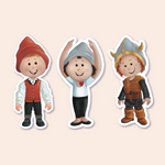 A set of three children's stickers featuring boy gnomes in different costumes: one in a traditional Norwegian bunad with a red hat, another in a Viking outfit with a horned helmet, and the last in a ballet pose wearing a blue beanie and a shirt with a red heart. Each sticker is outlined to show it's a peelable sticker.