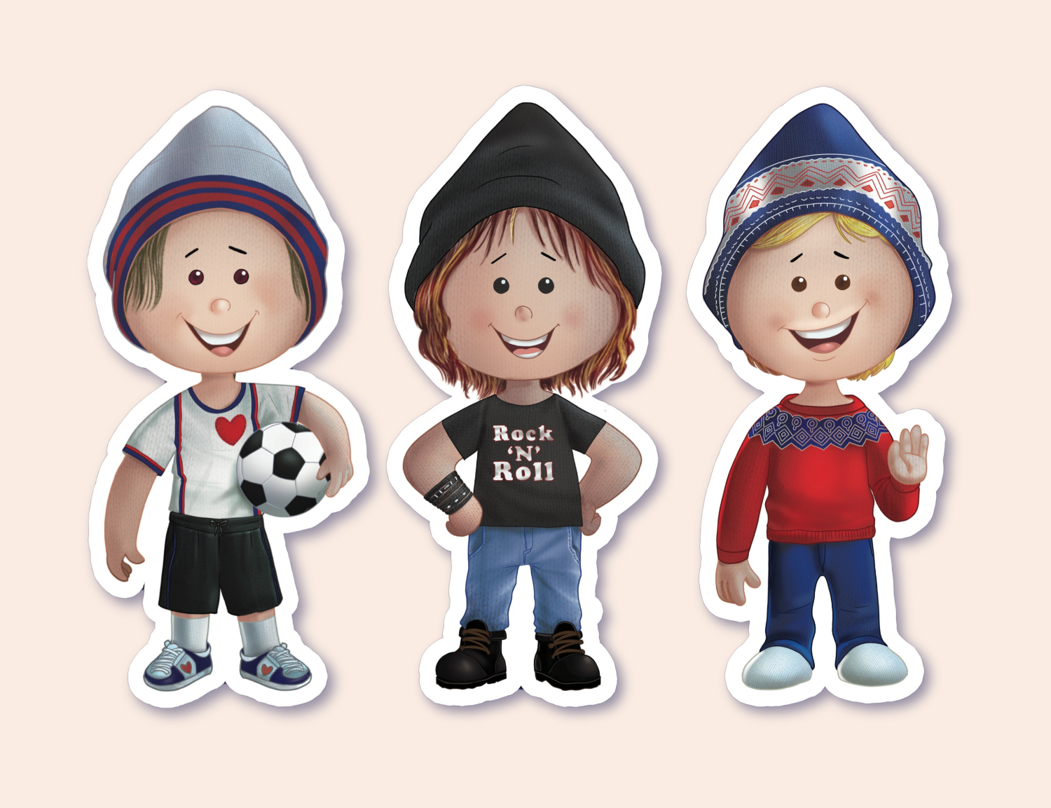 A set of three gender-neutral stickers depicting children in various outfits: one in a soccer uniform holding a ball, another in a festive Nordic sweater and hat, and the third wearing a "Rock n' Roll" shirt, jeans, and a black beanie. Each sticker has a white border indicating it's peelable.
