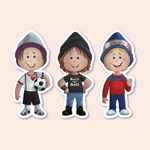 A set of three gender-neutral stickers depicting children in various outfits: one in a soccer uniform holding a ball, another in a festive Nordic sweater and hat, and the third wearing a "Rock n' Roll" shirt, jeans, and a black beanie. Each sticker has a white border indicating it's peelable.