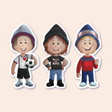 A set of three gender-neutral stickers depicting children in various outfits: one in a soccer uniform holding a ball, another in a festive Nordic sweater and hat, and the third wearing a "Rock n' Roll" shirt, jeans, and a black beanie. Each sticker has a white border indicating it's peelable.