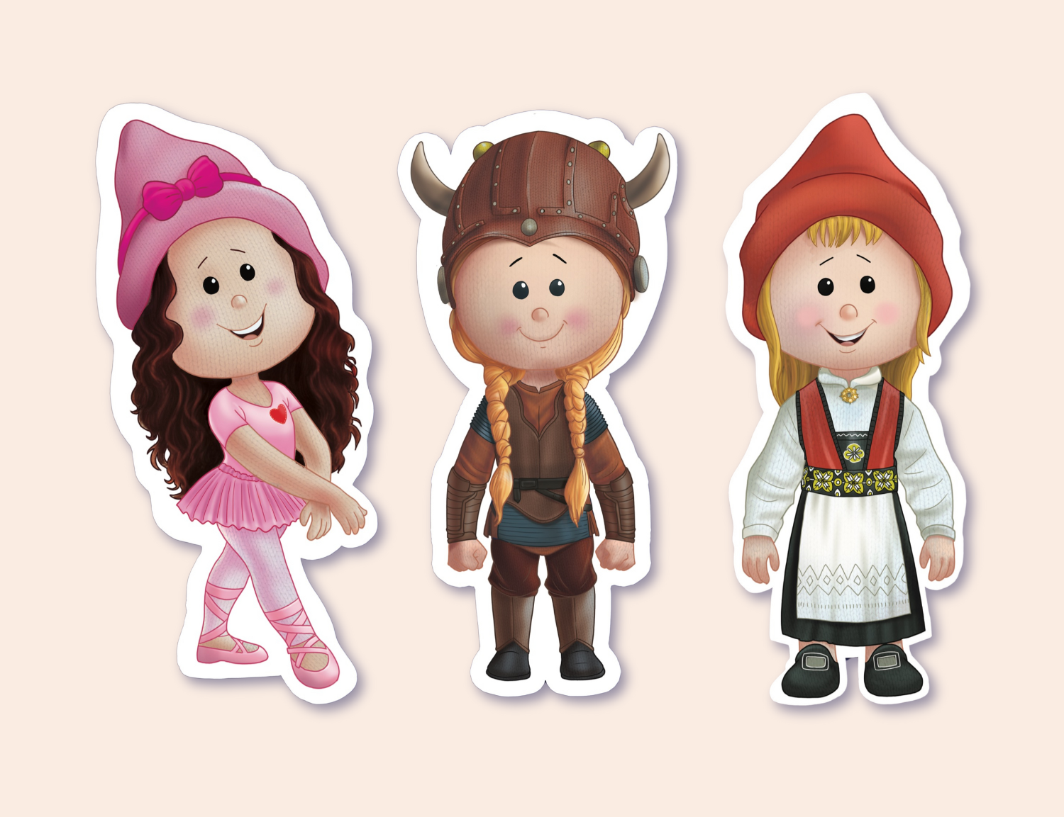 A collection of three stickers featuring girl characters in various costumes. From left to right, there's a girl in a pink ballet outfit with a matching bow, a girl dressed as a shieldmaiden in Viking armor with a helmet, and a girl wearing a traditional Norwegian bunad with a red hat. Each character is smiling and presented against a clear background, ready to be peeled off and used.