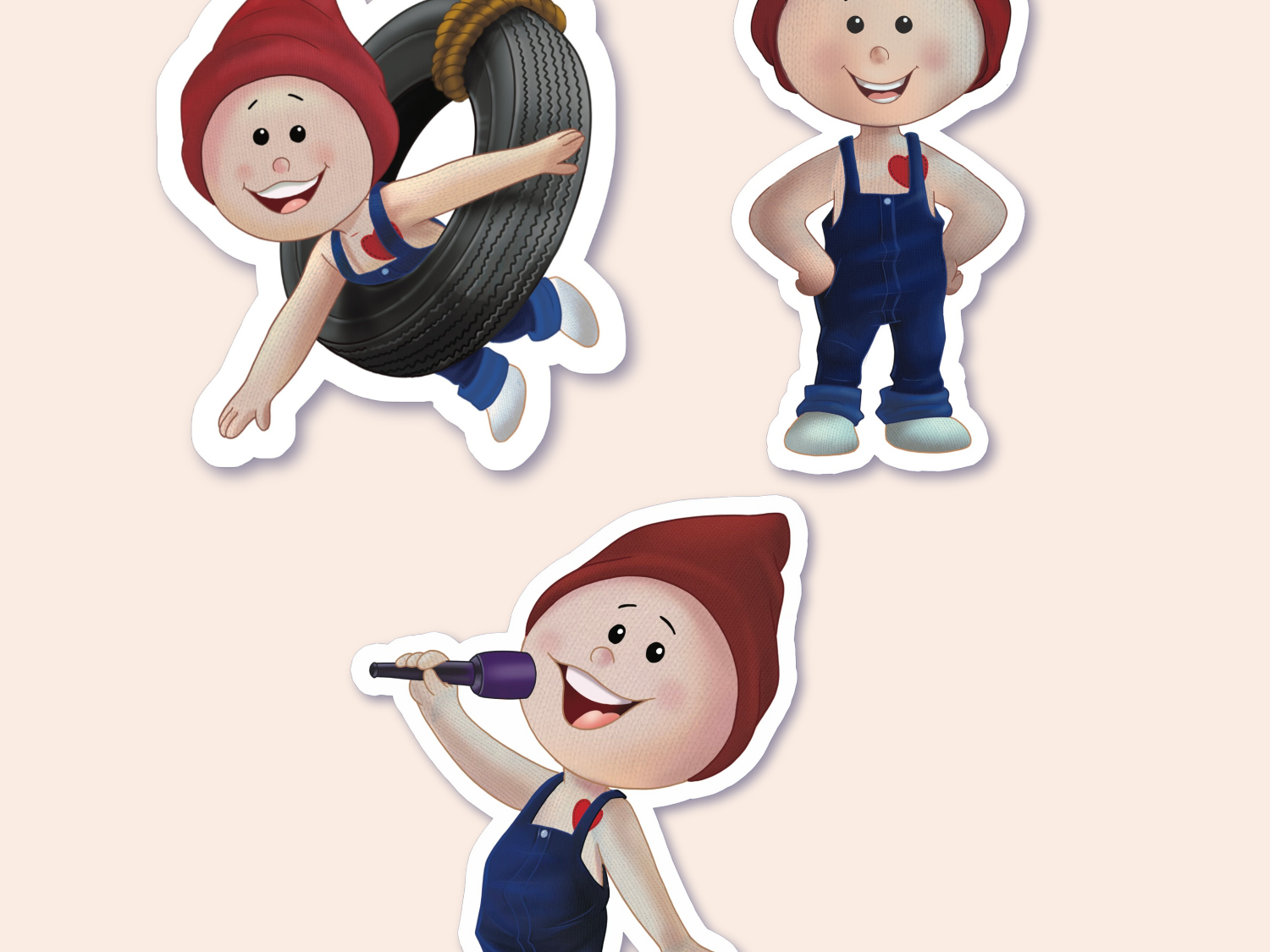 A delightful set of gnome stickers featuring characters in different playful scenarios, such as swinging on a tire, holding a microphone, and dressed in traditional Norwegian costumes, expressing cheer and friendliness.