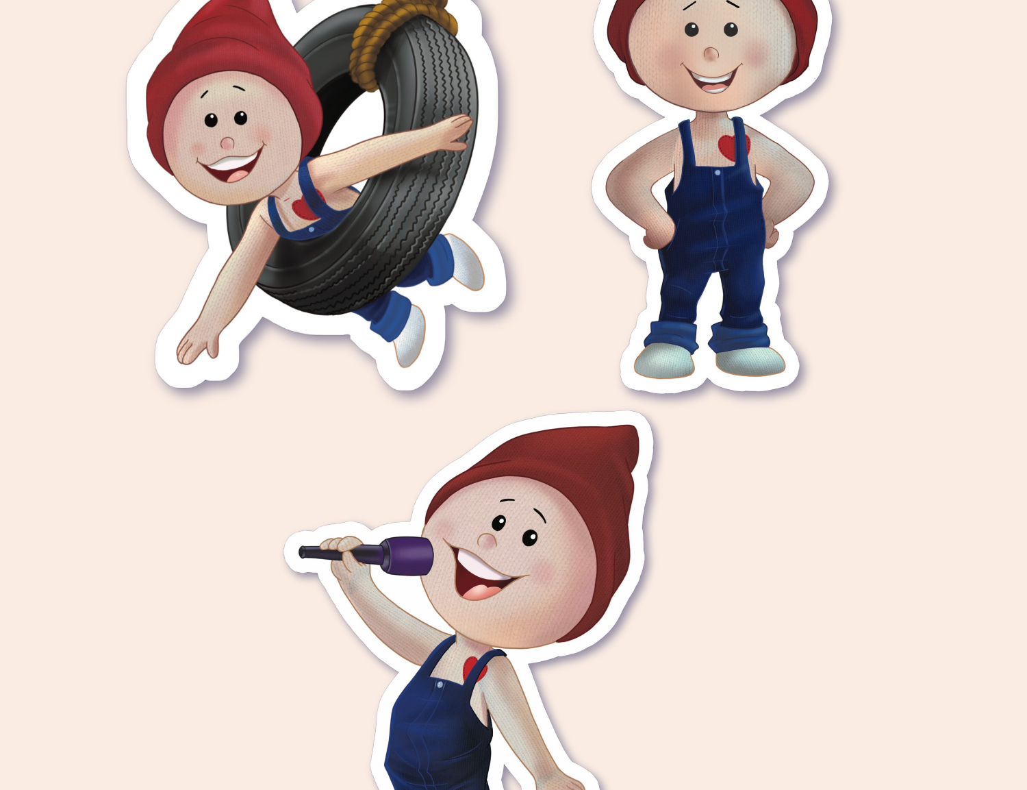 A delightful set of gnome stickers featuring characters in different playful scenarios, such as swinging on a tire, holding a microphone, and dressed in traditional Norwegian costumes, expressing cheer and friendliness.