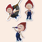 A delightful set of gnome stickers featuring characters in different playful scenarios, such as swinging on a tire, holding a microphone, and dressed in traditional Norwegian costumes, expressing cheer and friendliness.