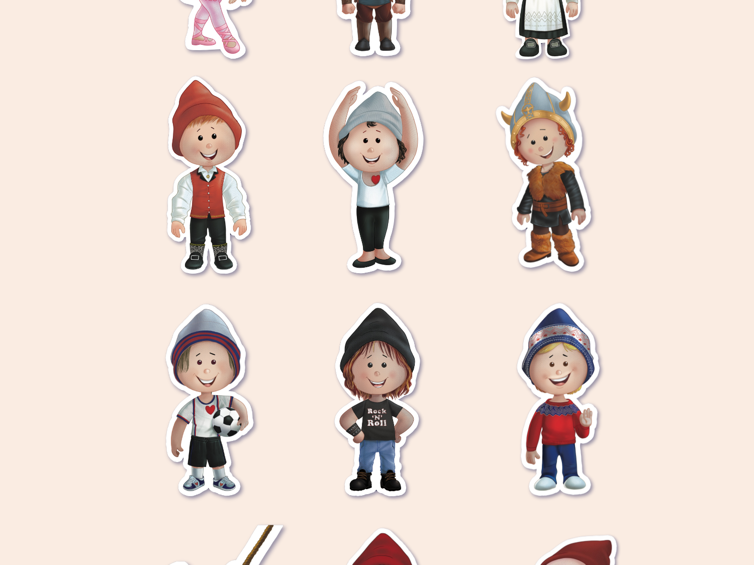 A colorful array of twelve children's stickers showcasing a diverse set of characters and costumes. The stickers include girls, boys, and gender-neutral figures, some dressed in traditional Norwegian attire, others as a Viking, a ballet dancer, a soccer player, a rock and roll enthusiast, and gnomes engaging in various activities. Each sticker is detailed and vibrant against a soft, neutral background.