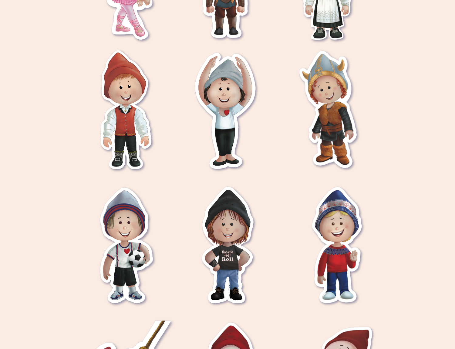 A colorful array of twelve children's stickers showcasing a diverse set of characters and costumes. The stickers include girls, boys, and gender-neutral figures, some dressed in traditional Norwegian attire, others as a Viking, a ballet dancer, a soccer player, a rock and roll enthusiast, and gnomes engaging in various activities. Each sticker is detailed and vibrant against a soft, neutral background.