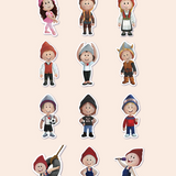 A colorful array of twelve children's stickers showcasing a diverse set of characters and costumes. The stickers include girls, boys, and gender-neutral figures, some dressed in traditional Norwegian attire, others as a Viking, a ballet dancer, a soccer player, a rock and roll enthusiast, and gnomes engaging in various activities. Each sticker is detailed and vibrant against a soft, neutral background.