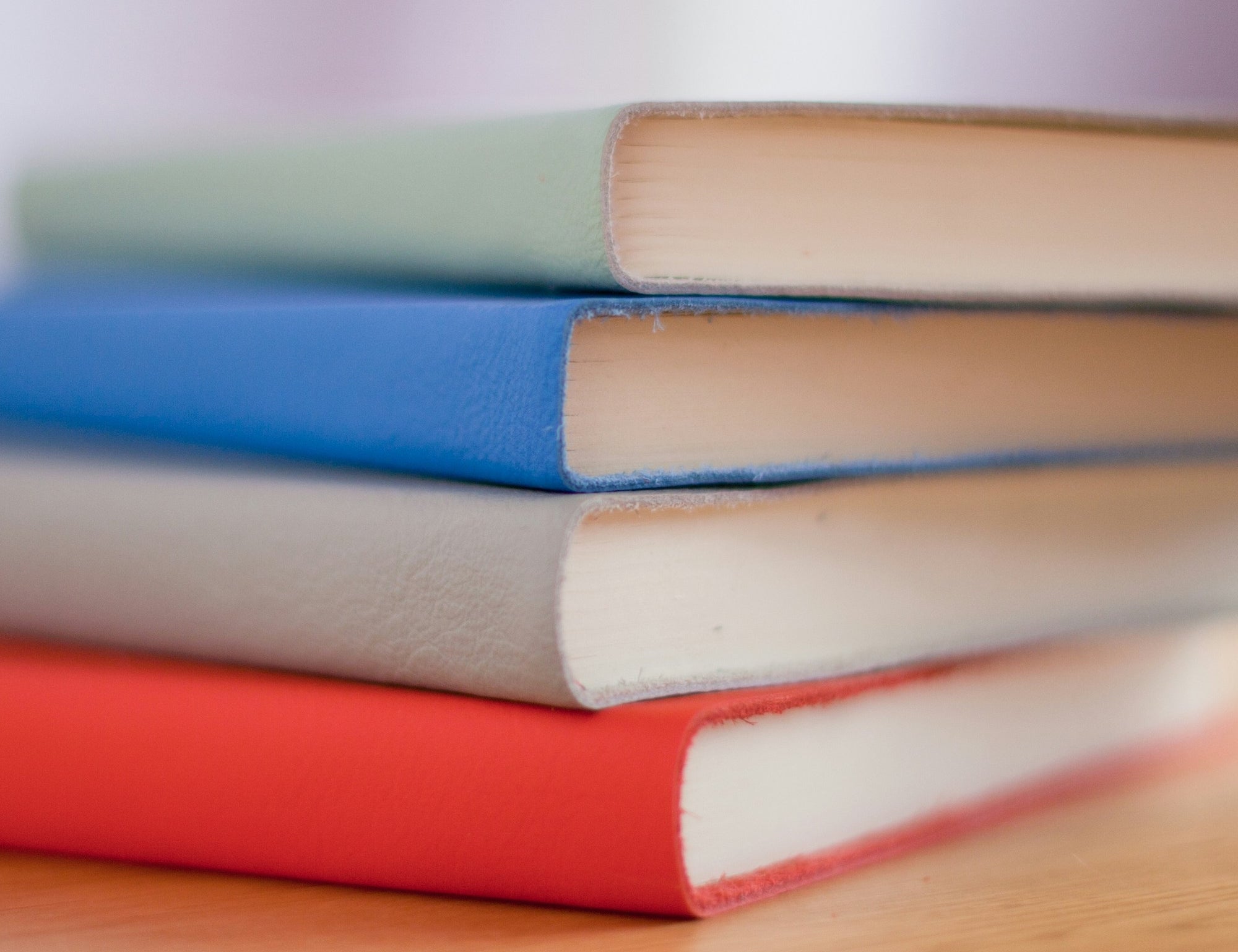 A close-up image of a stack of three hardcover books with no visible titles. The books are positioned in ascending order with a pale green one at the bottom, a blue one in the middle, and a coral red one on top, all set against a softly focused background. The spines show signs of use, indicating they are well-read or handled.