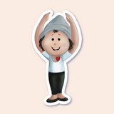 A sticker of a boy in a ballet pose wearing a blue beanie, a white shirt with a red heart, and black leggings.