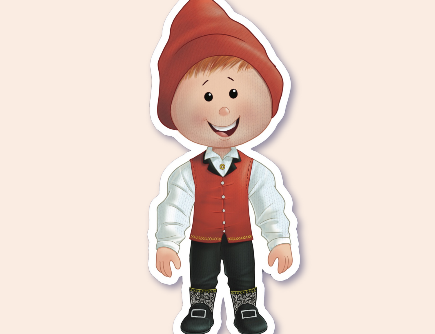 A sticker of a smiling boy dressed in traditional Nordic attire, including a red pointed hat and black boots with decorative buckles.