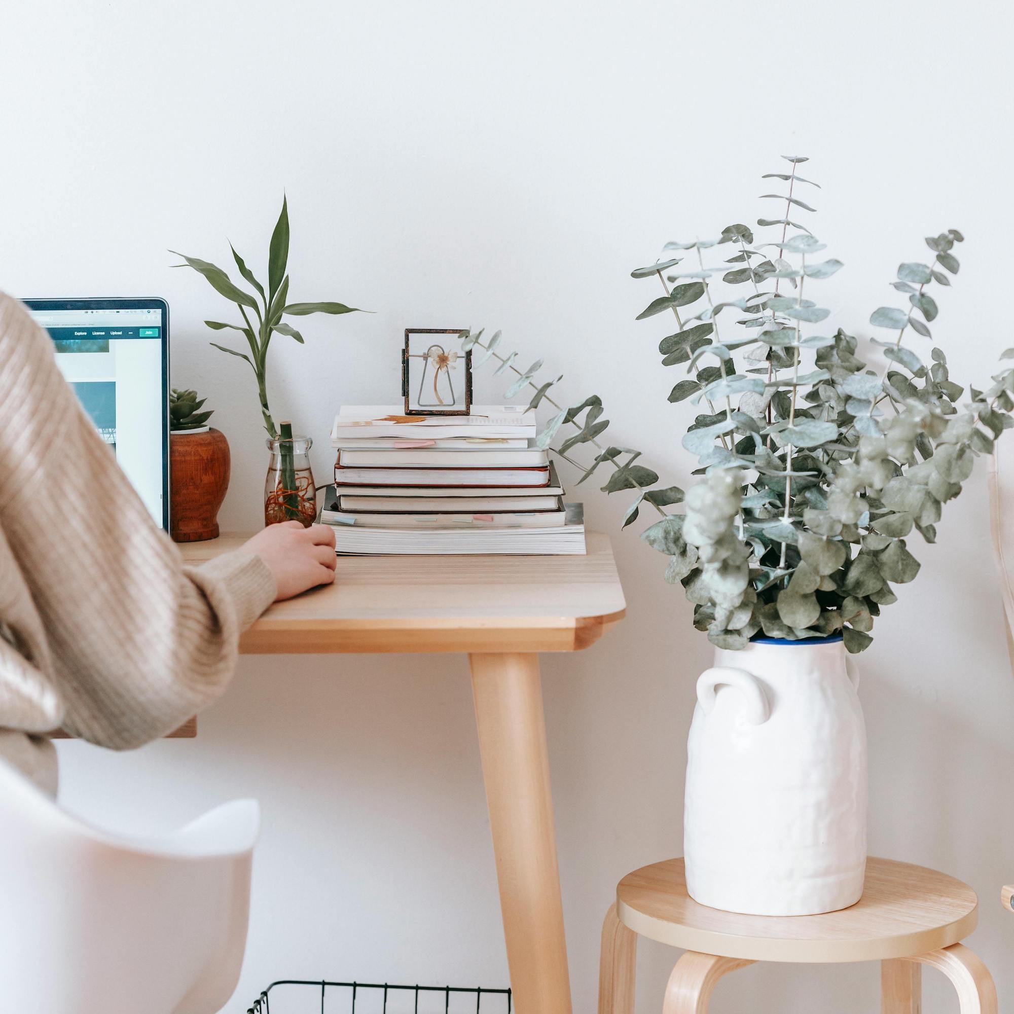 A serene and minimalist workspace featuring a laptop and a neatly stacked pile of books beside a white vase with greenery, reflecting a peaceful and organized study environment.