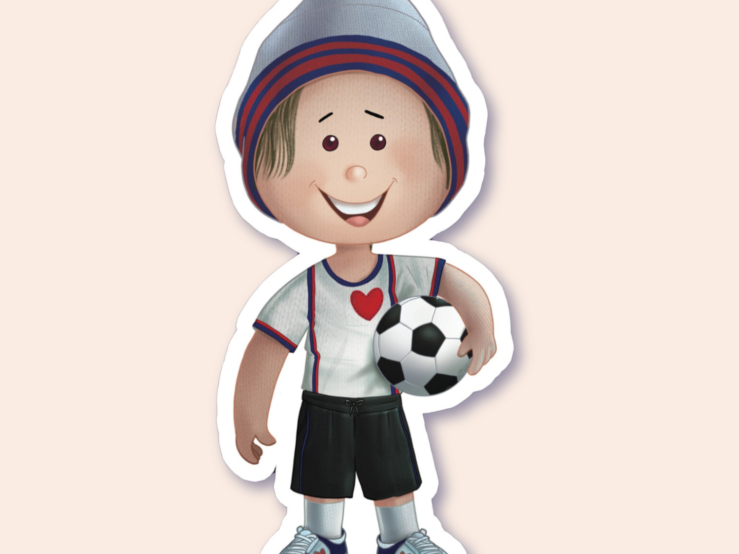 A sticker of a child with a soccer ball, dressed in a white jersey, black shorts, and a striped hat.