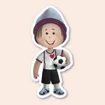 A sticker of a child with a soccer ball, dressed in a white jersey, black shorts, and a striped hat.