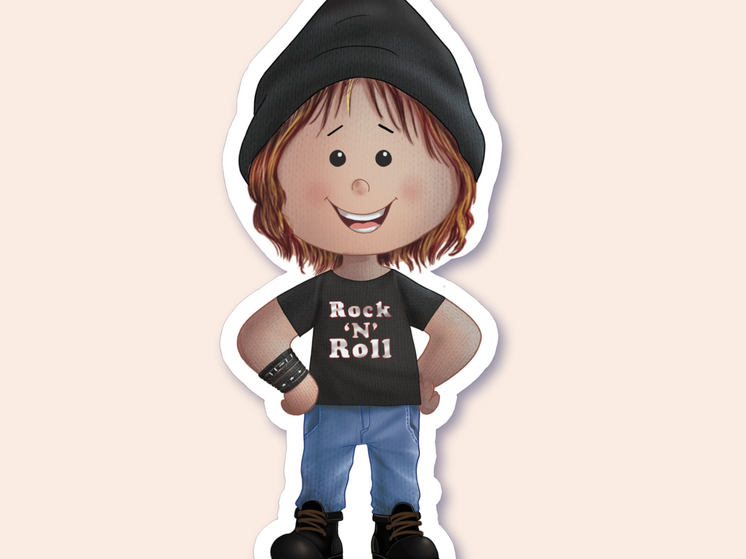 A sticker of a child with a "Rock n' Roll" t-shirt, black wristband, and beanie, accompanied by blue jeans and black boots.