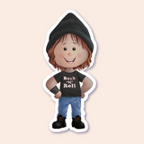 A sticker of a child with a "Rock n' Roll" t-shirt, black wristband, and beanie, accompanied by blue jeans and black boots.