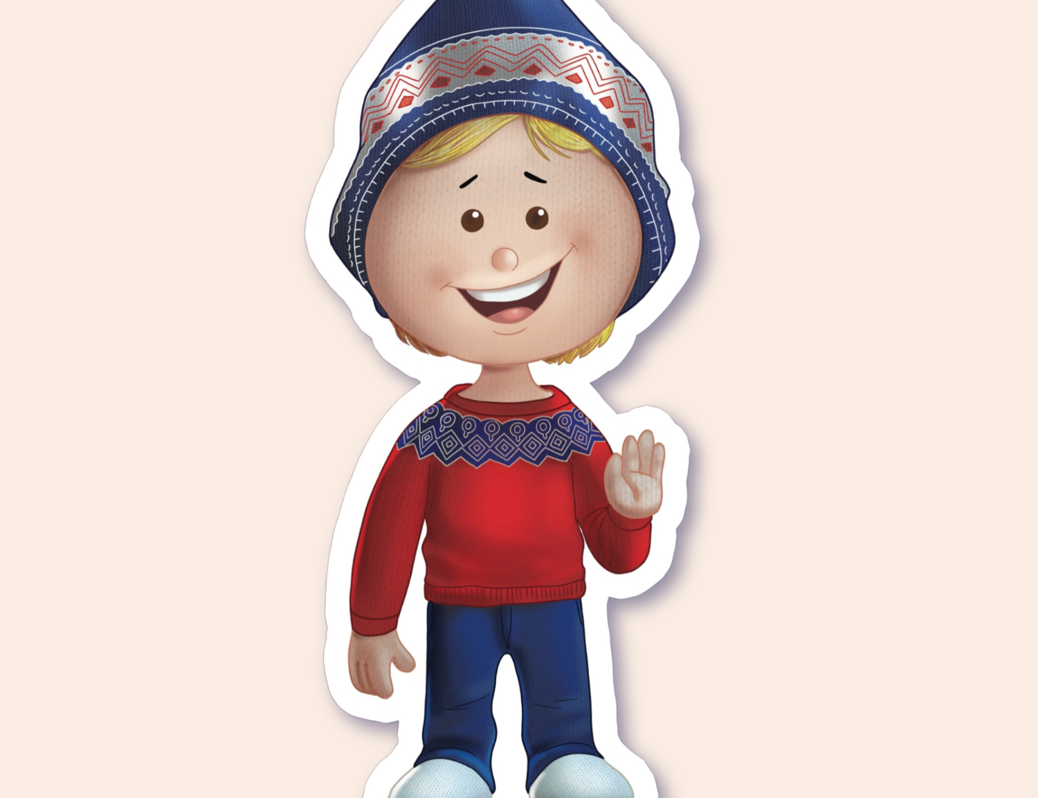 A sticker of a child in a cozy Nordic-style sweater and blue jeans, giving a friendly wave, wearing a hat with a Nordic pattern.