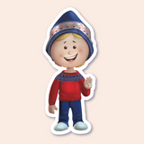 A sticker of a child in a cozy Nordic-style sweater and blue jeans, giving a friendly wave, wearing a hat with a Nordic pattern.