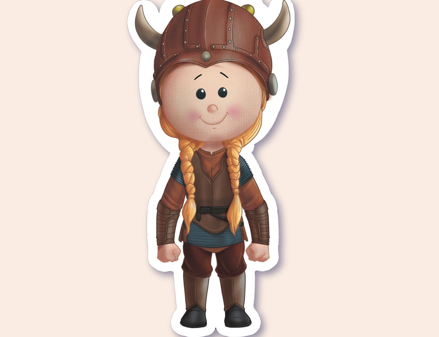 A sticker of a girl dressed as a shieldmaiden in Viking attire, complete with a brown helmet adorned with horns.