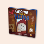  An image of a children's book titled "Gnome Needs A Home" from The Uff Da Sisters, part of the Gnome Adventures series. The cover features a worried-looking gnome peeking out from a wooden door, with whimsical drawings such as a bird and doodles of a sun and a gnome on the door. The authors' names, Teresa Bjelland & Lavonne Bjelland, are displayed at the bottom, with an illustration credit to Ramesh Ram. There's a badge on the bottom right indicating that it is book 1 in a series.