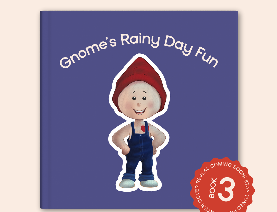 A placeholder image for "Gnome's Rainy Day Fun," a forthcoming book from The Uff Da Sisters. The image features a cartoon gnome on a solid blue background, with the title in white text above, and a seal on the bottom right corner indicating "COVER REVEAL COMING SOON STAY TUNED!" indicating that this is not the final cover.