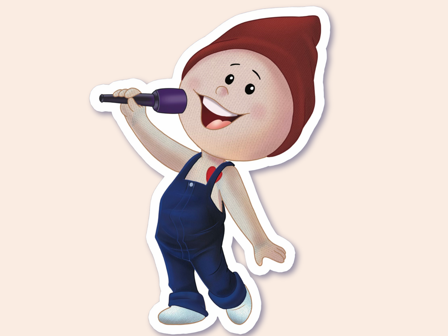 A sticker depicting a gnome singing into a microphone, wearing a red hat, blue overalls, and a big smile, enjoying the moment.