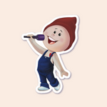 A sticker depicting a gnome singing into a microphone, wearing a red hat, blue overalls, and a big smile, enjoying the moment.