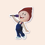 A sticker depicting a gnome singing into a microphone, wearing a red hat, blue overalls, and a big smile, enjoying the moment.