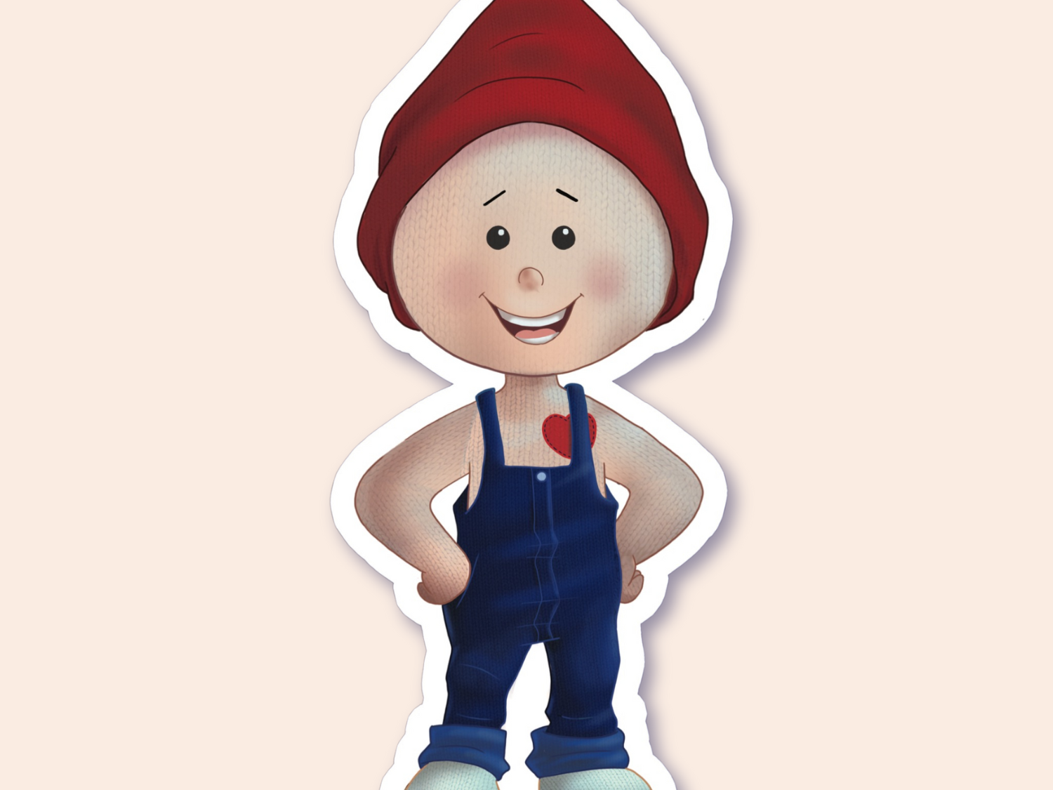 A sticker featuring a smiling gnome standing upright, dressed in a blue overall with a red heart on the chest, paired with a red hat and blue shoes.