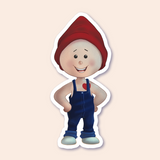 A sticker featuring a smiling gnome standing upright, dressed in a blue overall with a red heart on the chest, paired with a red hat and blue shoes.