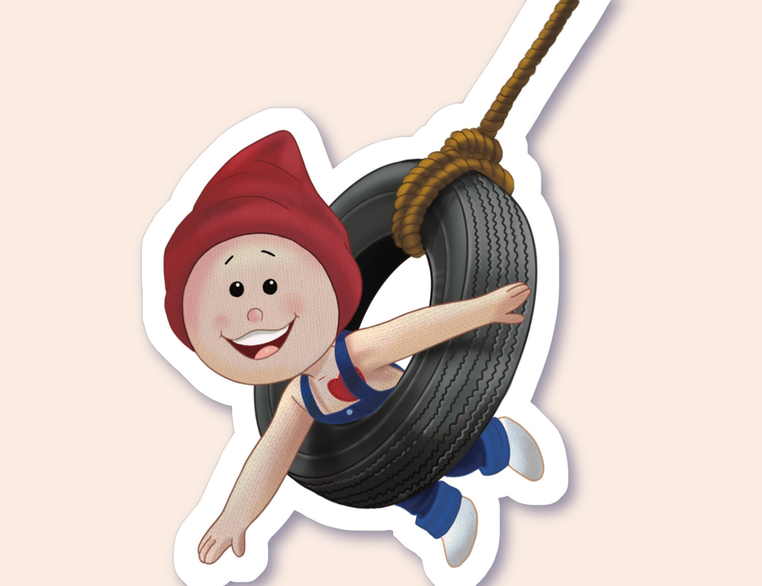 A sticker of a joyful gnome character wearing a red hat, swinging happily on a black tire swing, which is attached to a brown rope.