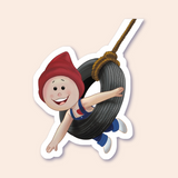 A sticker of a joyful gnome character wearing a red hat, swinging happily on a black tire swing, which is attached to a brown rope.