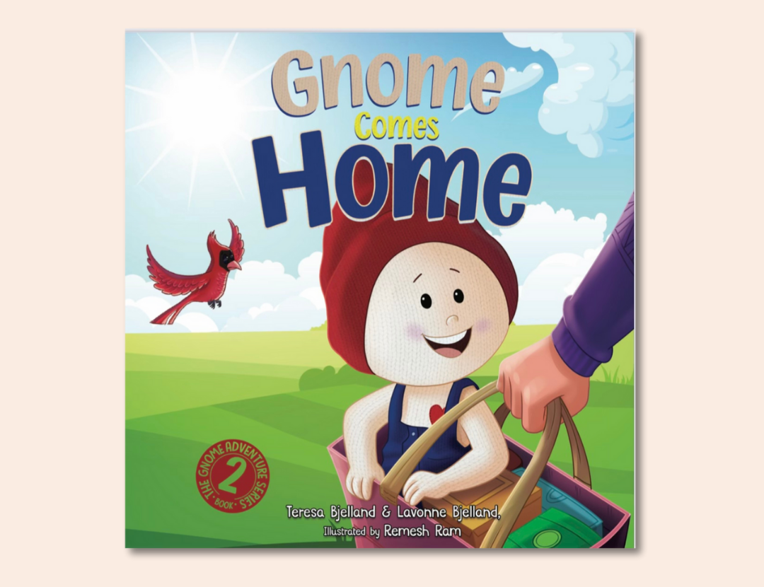 Front cover of the Gnome Comes Home children's book written by The Uff Da Sisters and published by Nordic Heart Press. The book is part of The Gnome Adventure Series about a gnome trying to find their perfect home. The book is inspired by Norwegian culture.