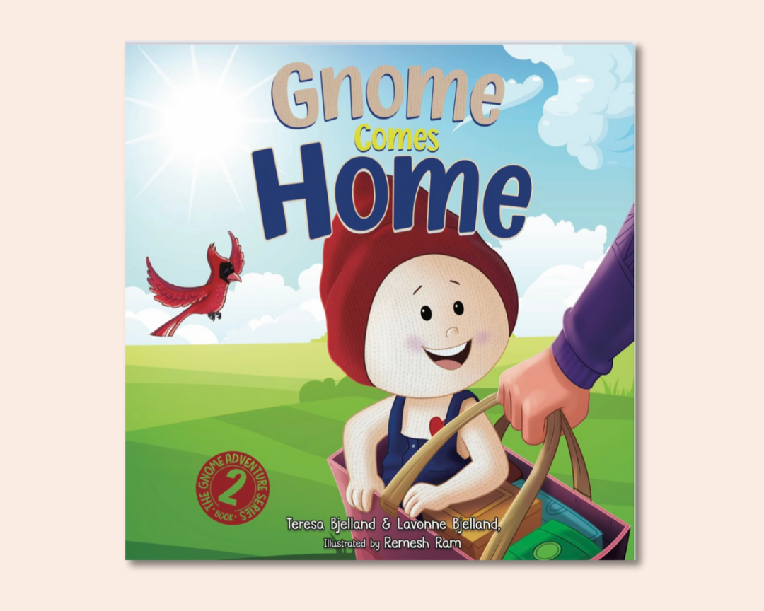 Front cover of the Gnome Comes Home children's book written by The Uff Da Sisters and published by Nordic Heart Press. The book is part of The Gnome Adventure Series about a gnome trying to find their perfect home. The book is inspired by Norwegian culture.