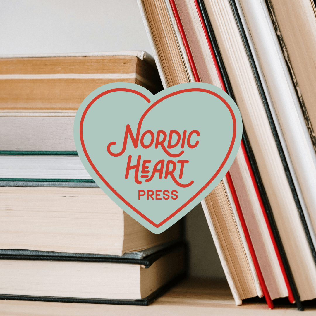 Stacks of books leaned up against each other with the Nordic Heart Press logo graphic placed on top of the image. 