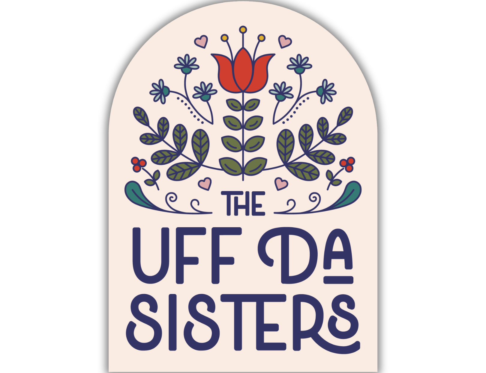 A decorative logo sticker with a stylized botanical illustration in blue and red tones, featuring the text "THE UFF DA SISTERS" in bold navy blue lettering on a light peach background.