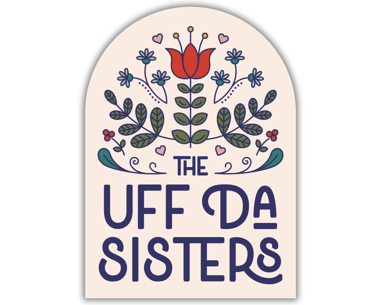 A decorative logo sticker with a stylized botanical illustration in blue and red tones, featuring the text "THE UFF DA SISTERS" in bold navy blue lettering on a light peach background.