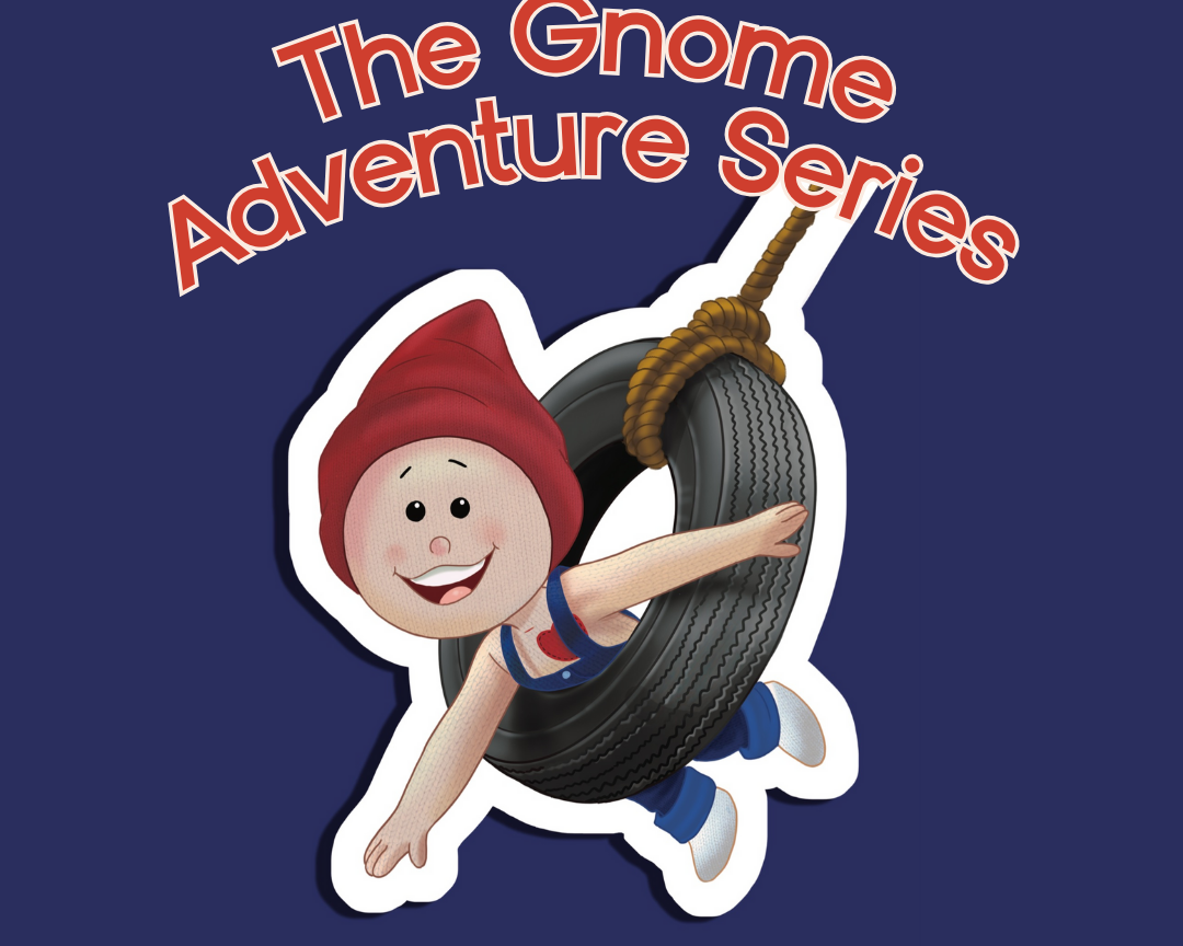 An image depicting a promotional graphic for "The Gnome Adventure Series," a collection of Nordic-inspired children's books about a gnome searching for the perfect home. The graphic includes a cheerful gnome swinging on a tire swing, with the series title in bold, stylized red text on a deep blue background.