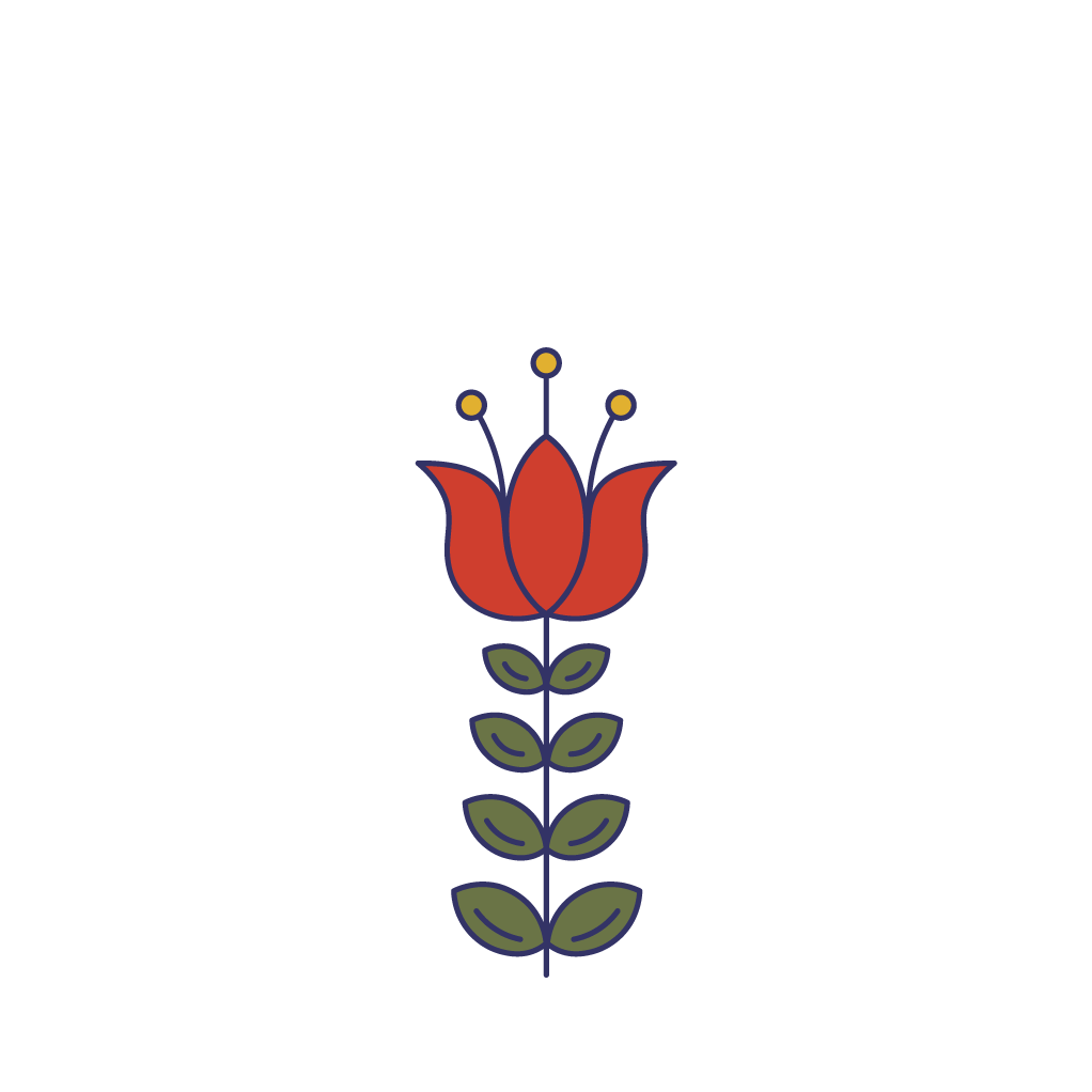 One of The Uff Da Sisters' icons that features a red tulip with four sets of green leaves. This icon was inspired by Scandinavian folk art.